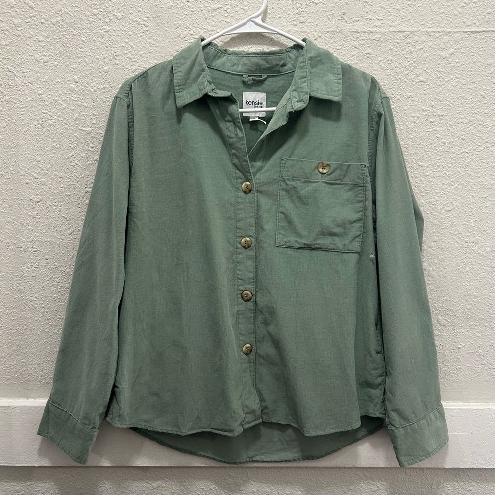 Kensie Jeans Green Corduroy Women's Button Down Top NWOT Small